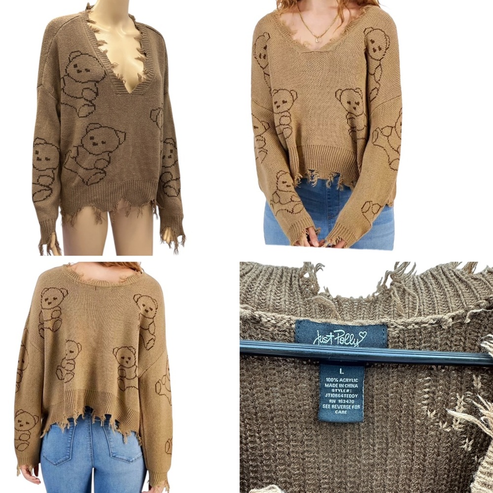 Just Polly Y2K Grunge Distressed Teddy Bear Sweater Brown Knit Womens Large